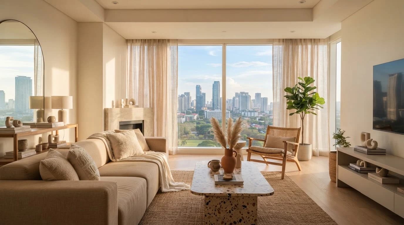 Sunlit condominium living room with warm furnishings and a Metro Manila skyline view