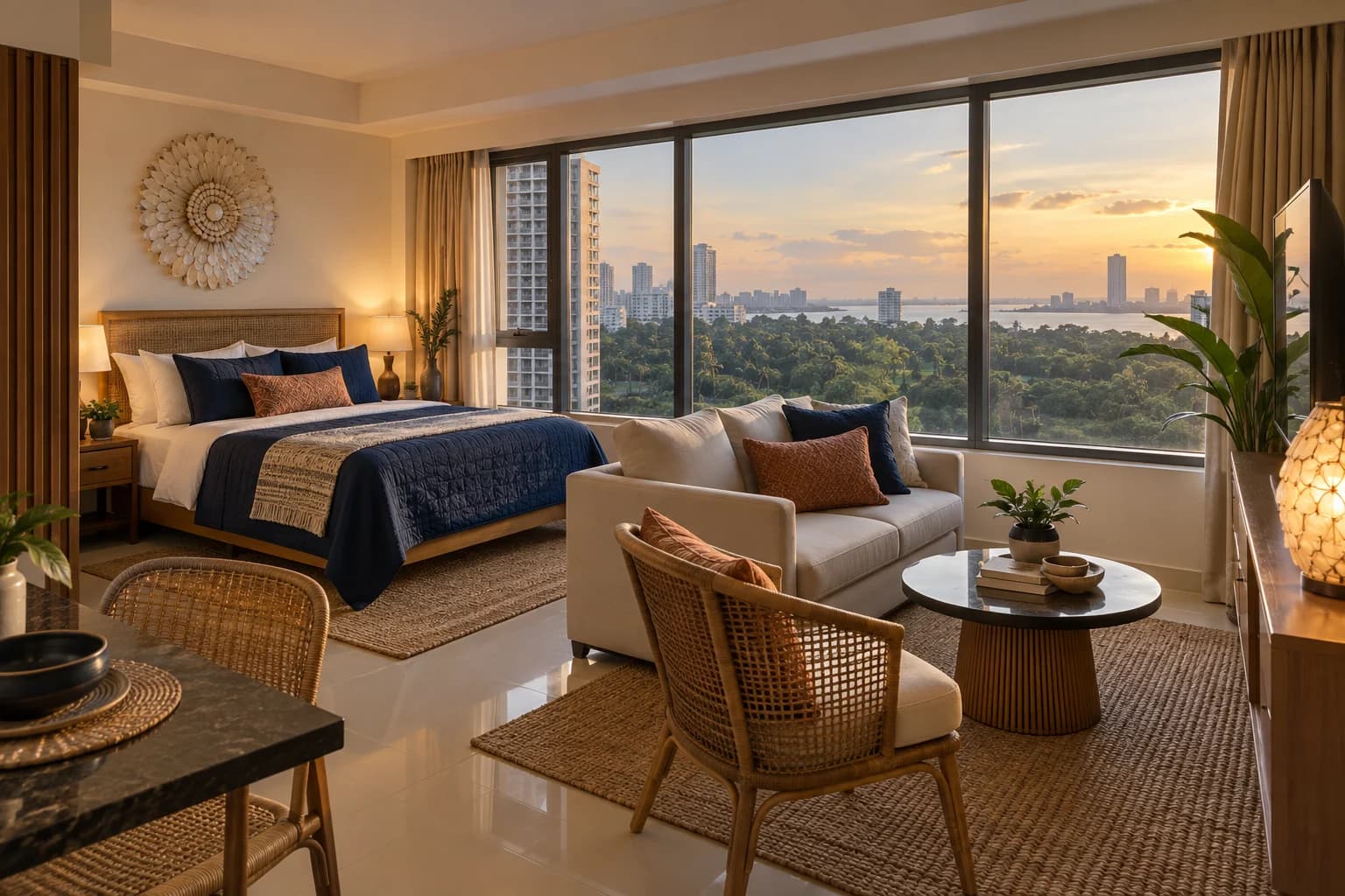 Ermita open-plan studio with sleeping and living areas facing the Rizal Park tree canopy