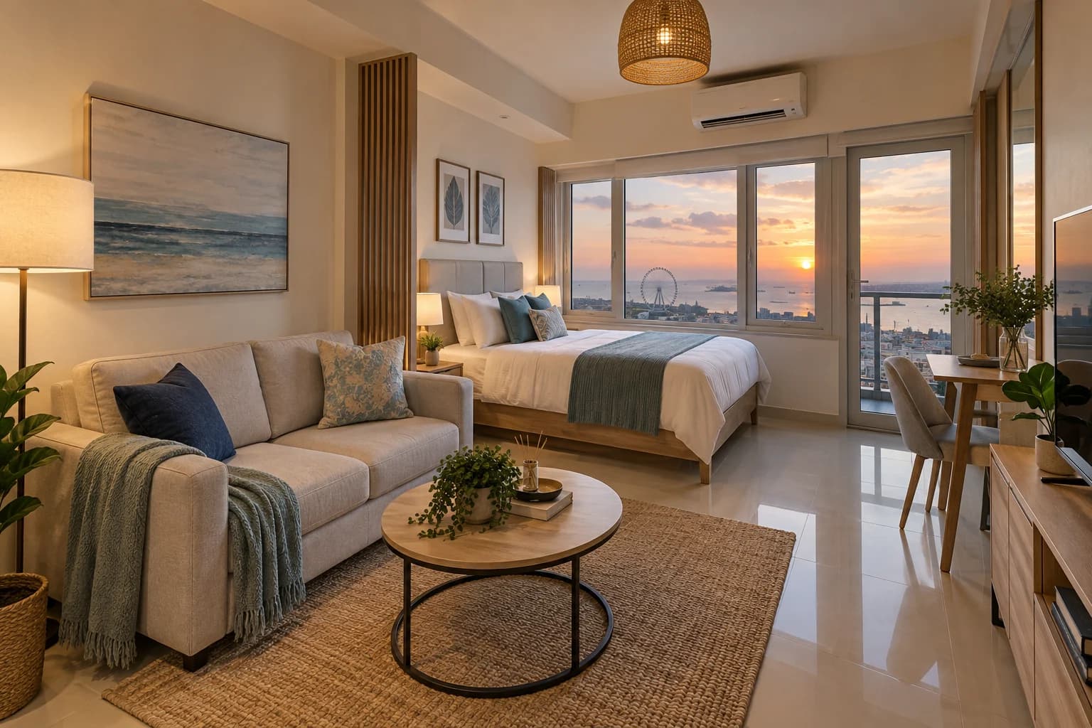 MOA Bayview open-plan studio with sleeping and living areas overlooking Manila Bay