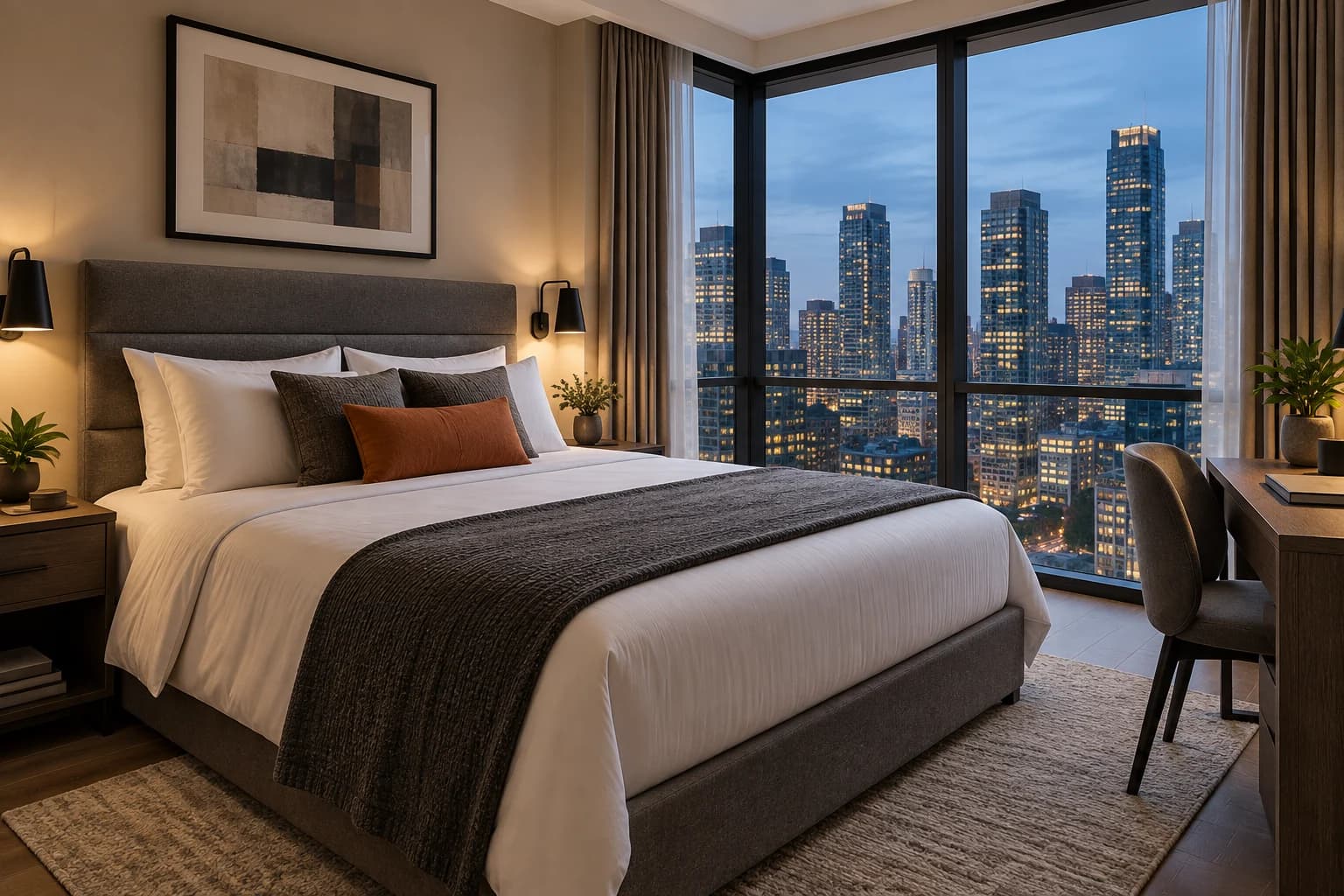 Ortigas Skyline 1-Bedroom bedroom at blue hour