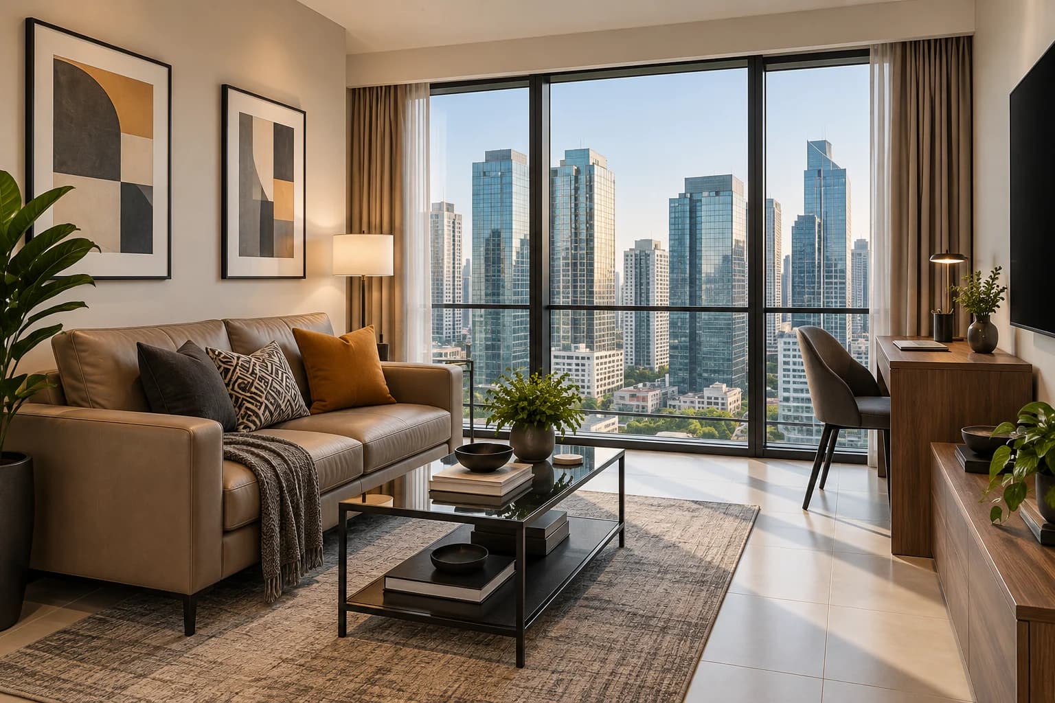 Makati Urban 1-Bedroom living room and workspace