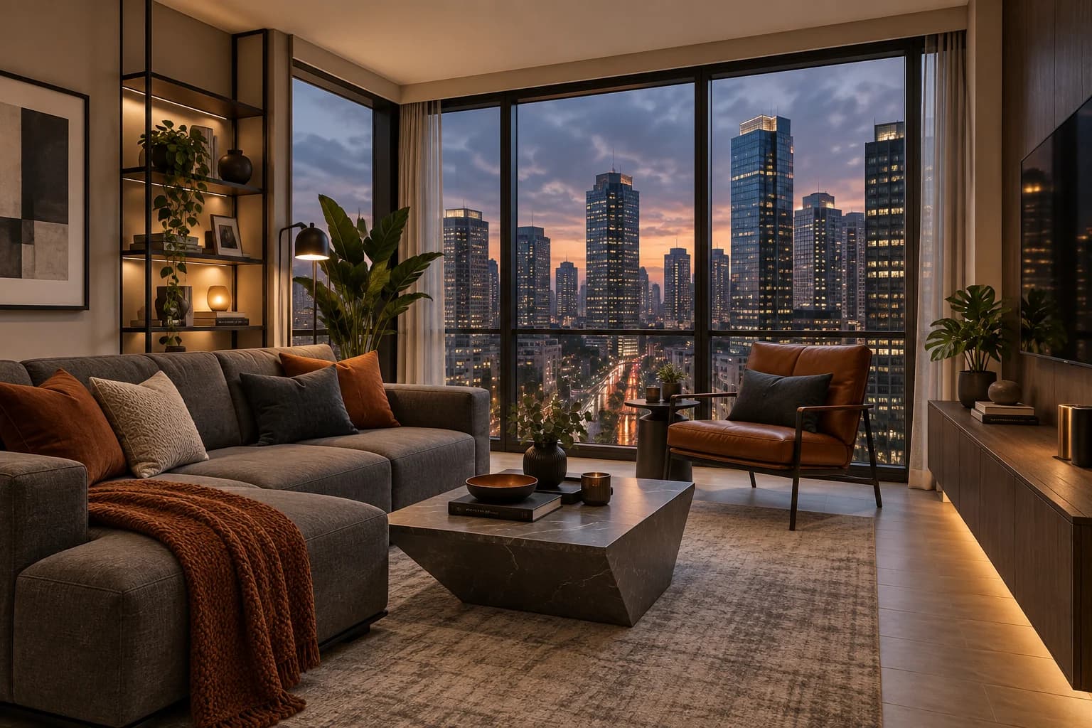 Ortigas Skyline 1-Bedroom living room at dusk